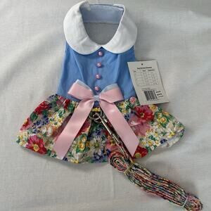 NEW Doggie Design light Blue Floral Dog Harness Dress W/ Matching Leash pink Bow